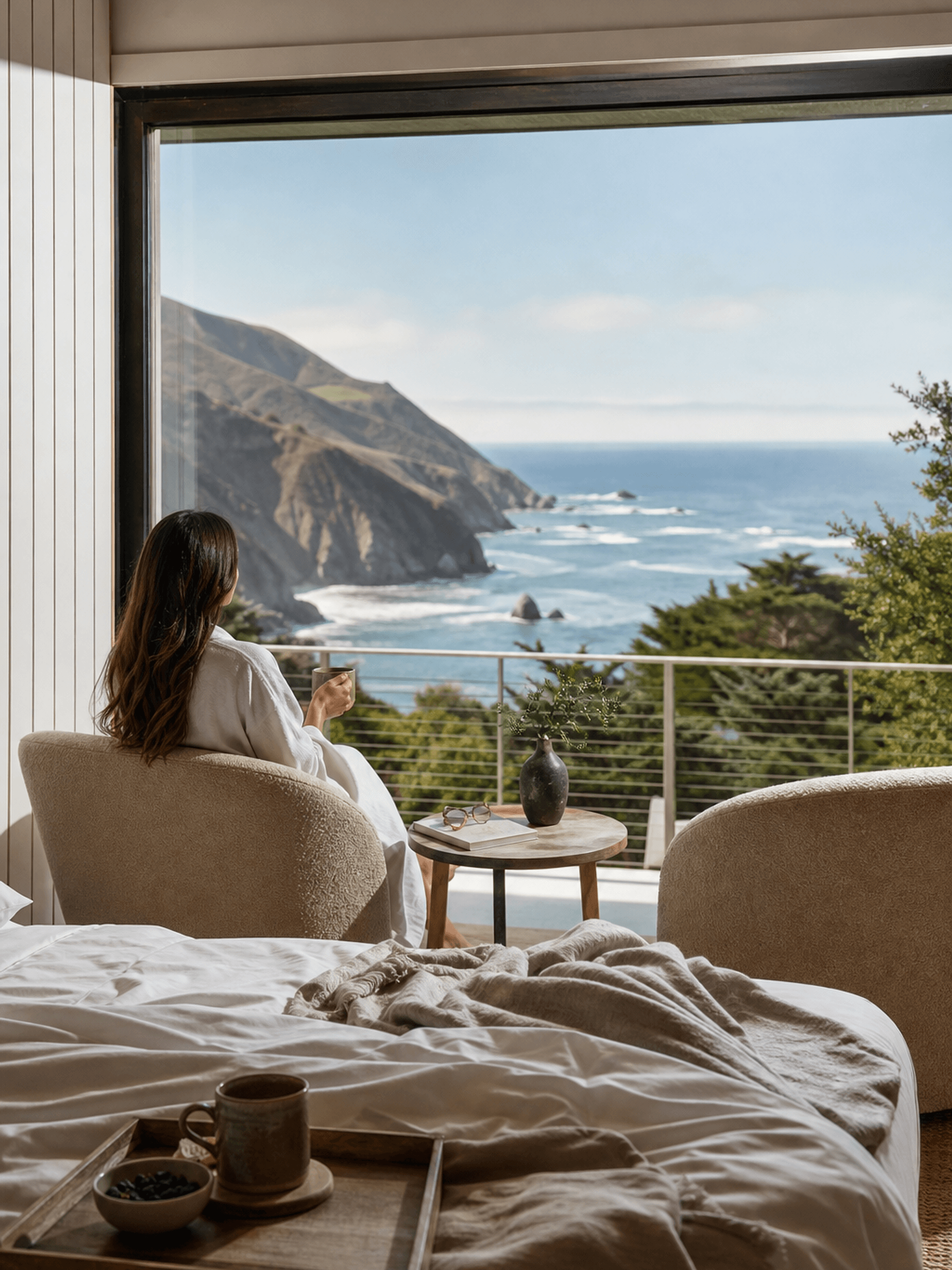 The experience of staying at Aster House, shown through its interiors and coastal surroundings