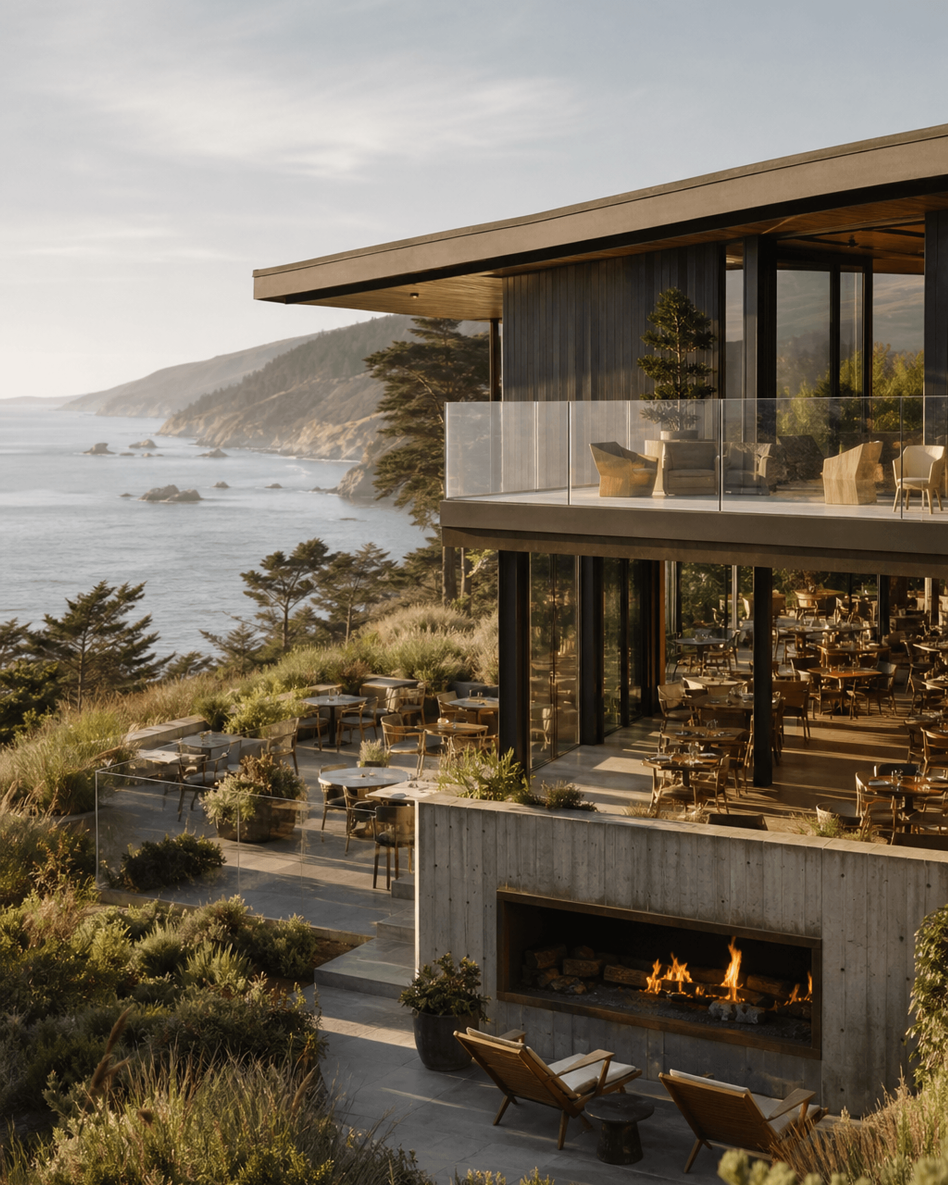 The architecture and frontage of Aster House, framed against the Big Sur landscape